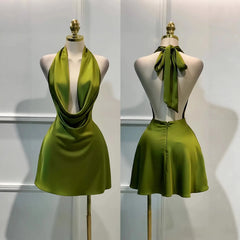 Olive green halter neck cowl neck mini dress, front view