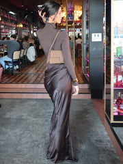 Satin Draped Cutout Turtleneck Maxi Dress