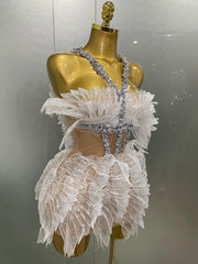 Feather Embellished Crystal Neck Wings Mini Dress