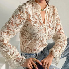 Embroidered Lace Full Sleeve Button-Up Top