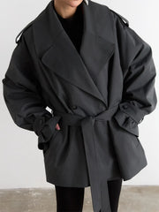 Lapel double-breasted belted jacket in dark grey