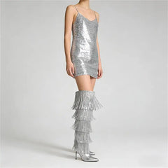 Pointed Toe Metallic Fringe Boots