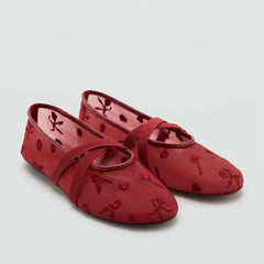 Red embroidered mesh ballet flats with cross straps