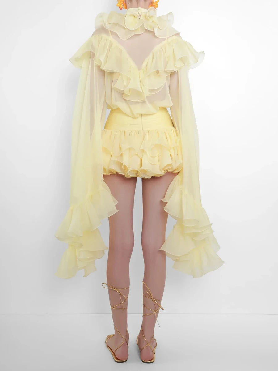 Back view of ruffle trim high neck two-piece set