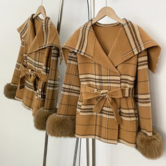 Plaid Double-Breasted Fur Trimmed Coat