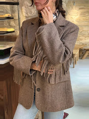 Wool-blend blazer with soft fringe detailing on sleeves