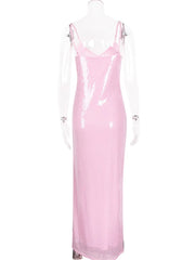 Pink slip dress on a mannequin against a white background