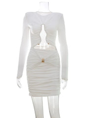 White long-sleeve dress with cut-out design on a white background