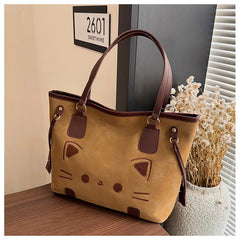 Cute Cat Face Suede Shoulder Tote Bag