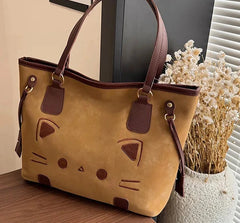 Cute Cat Face Suede Shoulder Tote Bag