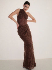 One Shoulder Corset Lace Draped Maxi Dress