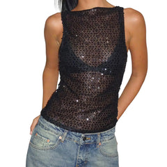 Black sequin tank top worn by a person on a white background