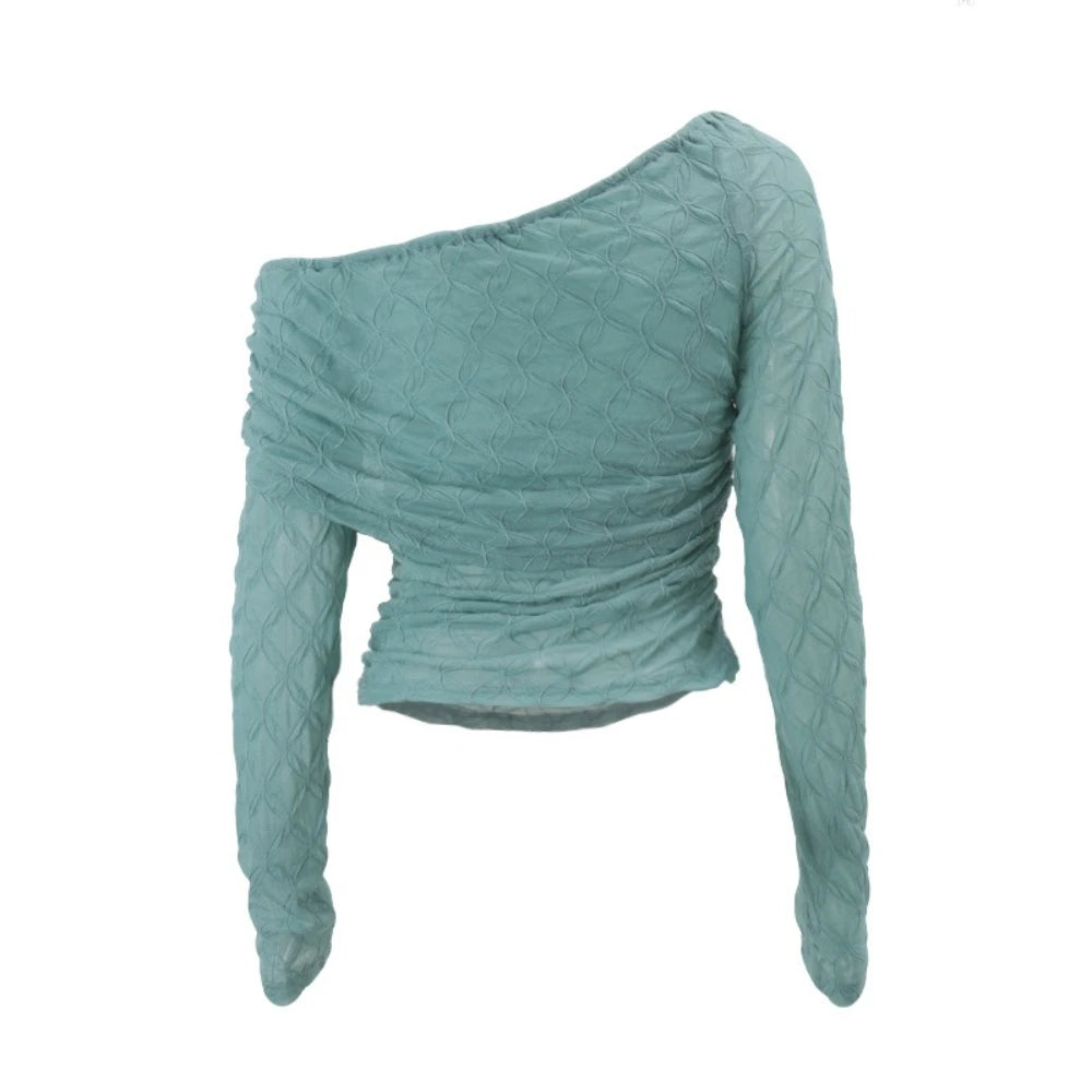 Teal textured long-sleeve top on a white background