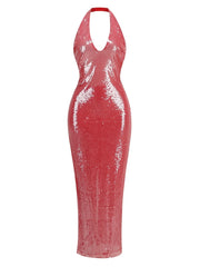Pink Halter Deep V-Neck Sequin Gown with Fluid Drape