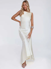 Ivory satin backless asymmetrical hem maxi dress