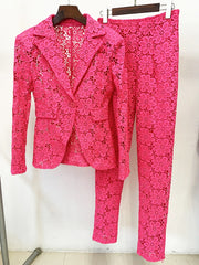 Rose pink Guipure lace blazer and pencil pants suit displayed on hangers