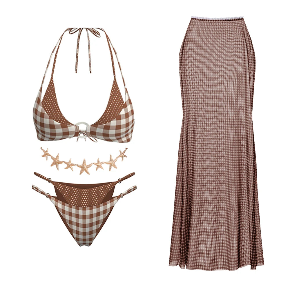 Gingham halter bikini top with polka dot bottoms, starfish accent, and a matching maxi skirt