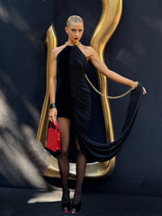 Black Chain Halter Velvet Dress with Pleated Fold Detail