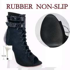 Black high-heeled boot with lace-up design and non-slip sole on a white background