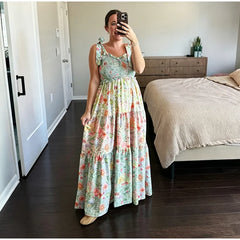 Floral Smocked Bust Tie Strap Maxi Dress