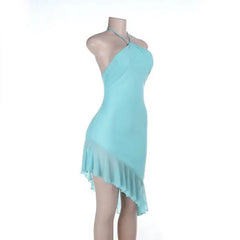 Light Blue Ruffled Asymmetrical Hem Mini Dress