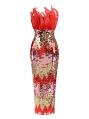 Red & Gold Feather Sequin Patchwork Strapless Gown