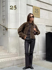 Faux leather patch pocket bomber jacket