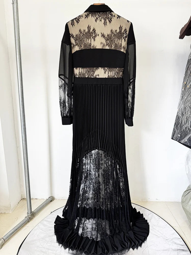 Black lace panel pleated maxi dress back view