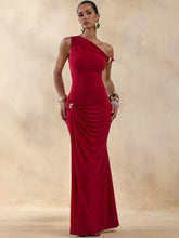 Red one shoulder ruched maxi dress