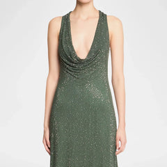 Detail of sparkly rhinestone embellishments on maxi dress