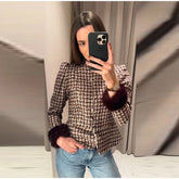 Plaid tweed jacket with faux fur cuffs and stand collar