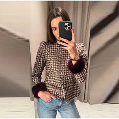 Plaid tweed jacket with faux fur cuffs and stand collar