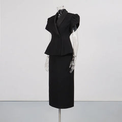 Black Peplum Blazer and Midi Skirt Set