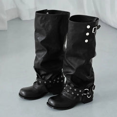 Foldable Snap Button Knee High Boots