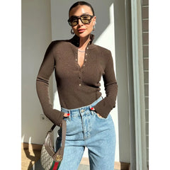 High-Neck Button-Up Ribbed Knit Top