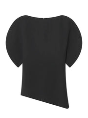 Black top with unique shoulder design on a white background