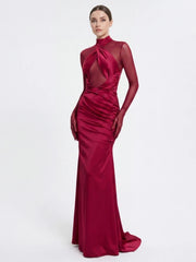 Mesh high neck twisted cutout ruched gown with gloves