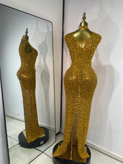 Shimmer Rhinestone Mesh Maxi Dress