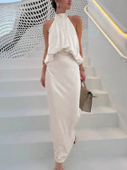 Halter Neck Folds Waist Maxi Dress