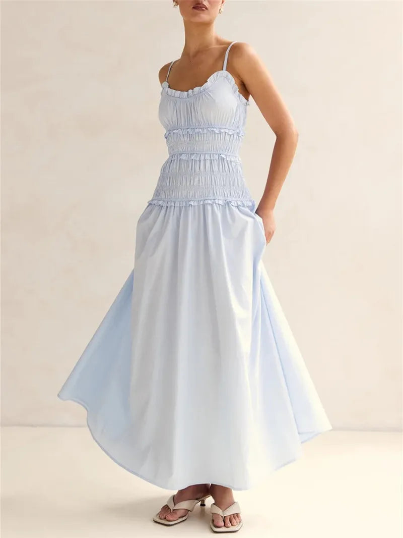 Spaghetti strap ruffle smocked bodice A-line maxi dress in light blue
