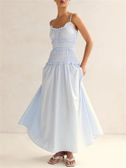 Spaghetti strap ruffle smocked bodice A-line maxi dress in light blue