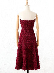 Burgundy Strapless 3D Floral A-Line Long Dress