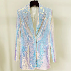 Iridescent sequin blazer on a mannequin against a plain background