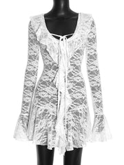 Long Sleeve Sheer Lace Ruffle Mini Dress