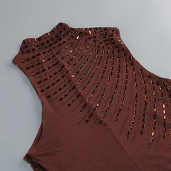 Brown Crystal Embellished Mock Neck Maxi Dress