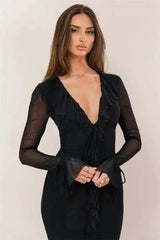 Ruffled Mesh Sleeve V-Neck Maxi Dress