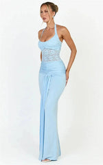 Blue Lace Ruched Front Split Maxi Dress