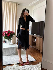 Long V-Neck Bell Sleeve Wrap Top