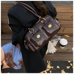 Microfiber Leather Vintage Pocket Satchel – Black & Burgundy