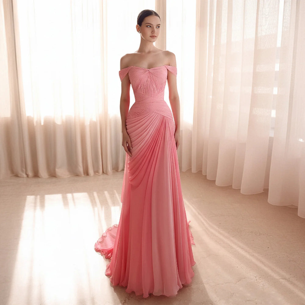 Off shoulder ruched chiffon gown with sweep train
